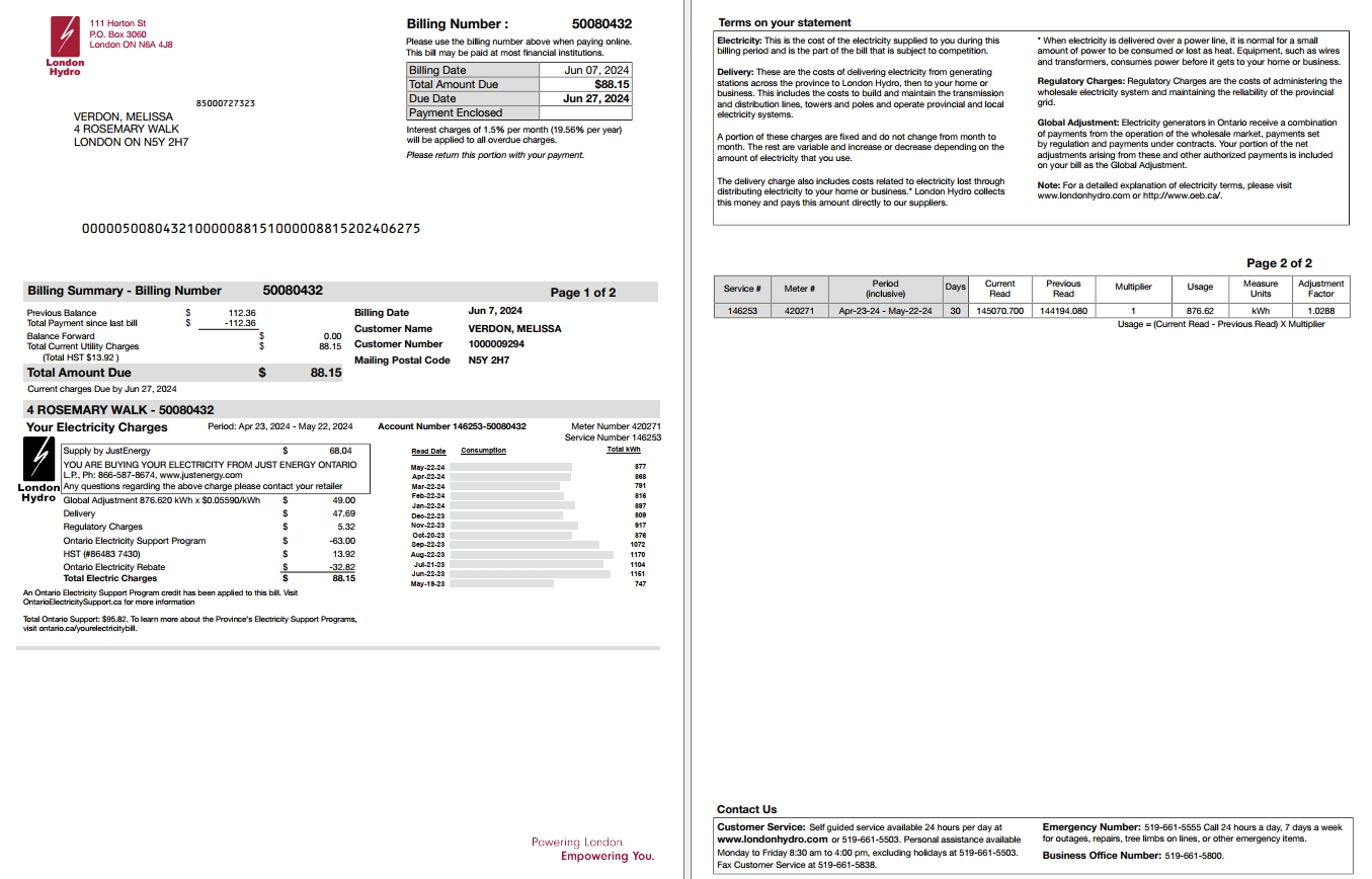 Canada Ontario London Hydro utility bill scr